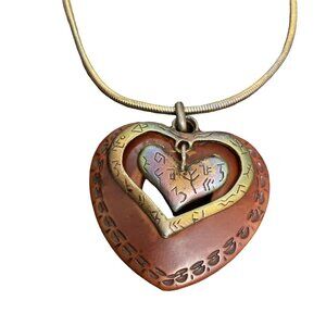 Unmarked Vtg Triple Multi Charm Heart Pendant Necklace 33” Runes BOHO Witchy Y2K
